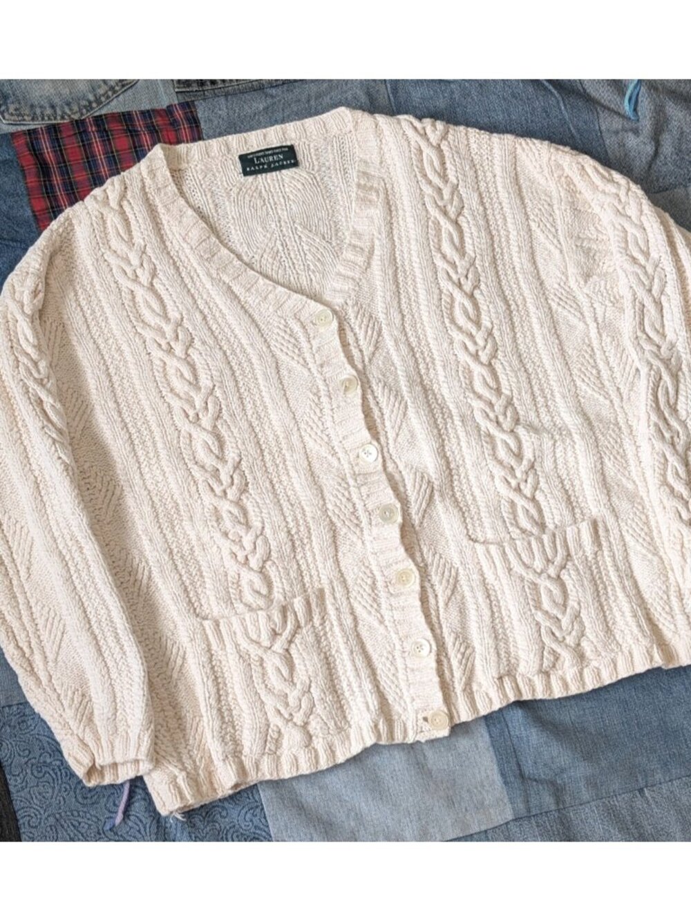 Vintage LRL Ralph Lauren Hand Cable Knit Heavy Cotton Fisherman Cardigan White M